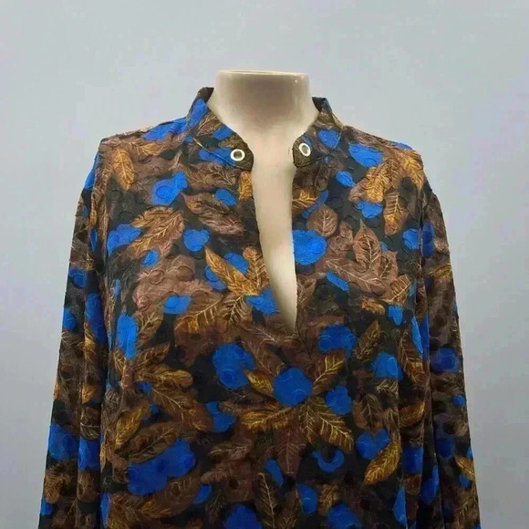 Vintage Sheer Blouse Size S Tunic Brown Blue Embroidered Bishop Sleeve Whimsy - Picture 5 of 10